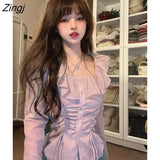 New Design Shirring Shirts Women Slim Square Collar Hotsweet Young Fashion Girls Fall Sexy Y2k Tops Minority Korean