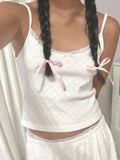 Y2K White Strap Lace Trim Bow Mini Crop Top Women Casual Chic Basic Camisole Fashion Knitted Summer Tops