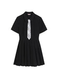 Polo Ruffles Pleated Dresses Women Short Sleeve Solid Vestidos Chic Lattice Tie Summer Mini A-line Dress Preppy