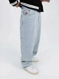 Boy Jeans Y2K Hip-Hop Cartoon Embroidery Retro Blue Loose Gothic Wide-Legged