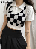 SUCHCUTE Argyle Printed Women Sweater Vest Preppy Style Girls Sleeveless Knitting Crop Tops Slim V Neck Lady Top Streetwear