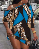 Zingj Hot Style Autumn Print Metal Buckle Diagonal Shoulder Neck Button Dress
