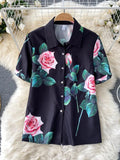 Women Floral Two Piece Set Office Ladies Printed Turn-Down Collar Single Breasted Tops + High Waist Wide Leg Pants Suit 2023