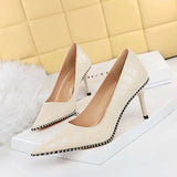 Zingj Retro Stone Grain High Heels Women's Shoes Heel High Heel Shallow Pointed Metal Beads Rivet Women's Singles
