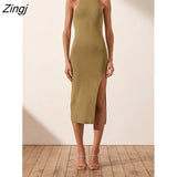 Women Fashion Sleeveless Bodycon Slim Split Dress Stylish Solid Color Summer Long Sundress for Ladies