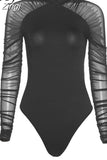 Sexy Solid Black Bodysuit for Women Fashion Long Lace Sleeves O-Neck Slim Stretchy Party Streetwear Autumn Female