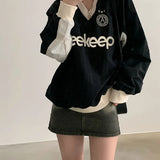 Fashion Color Letter Printed Baseball Blouse 2023 Loose V-Collar Medium And Long Woven Long-Sleeved T-Shirt In Early