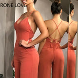 Women Jumpsuits Plain Halter Backless Wide Leg Jumpsuit V Neck
