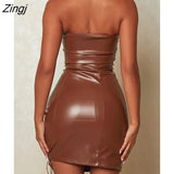 Sexy Strapless PU Leather Women Dress Brown Sleeveless Hollow Out Mini Dress Female Autumn Skinny Fashion Party