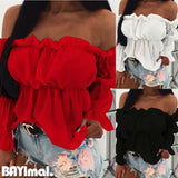 Zingj Ebay Shirt One Word Collar Solid Color Sexy Waist Long Sleeves Versatile Shirt