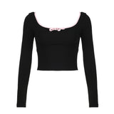 Bowknot Splicing Colour Knitting Skinny Blouse Woman 2024 Sweet Spice Girl French Ballet Style Slim Hollow