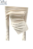 Elegant Apricot Yellow Sweaters Sexy Chic Slash Neck Women Clothing Off Shoulder Long Sleeve Knitted Pullover Split