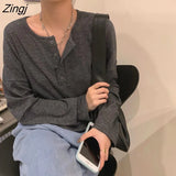 Sleeve T-shirts Women Elegant Simple Pure Button Design Retro Ins Autumn Ladies Tees Top All-match BF Style Mujer