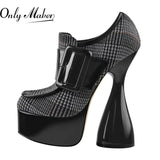 Onlymaker Women Round Toe Thick Platform Strange Shape High Heels Canvas Belt Buckle Decoration Novelty Fashion Ankle