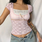 Street 2024 Spring New Blouse Tight Lace Pleated Square Tie Short-Sleeved Blouse