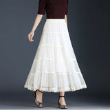 Midi Long Lace Skirts Spring Summer Elastic High Waist Female Mesh Pleated Skirt Fairy