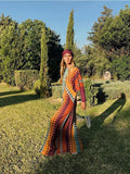 Ethnic Style V Neck Slit Maxi Dresses Women Patchwork Dot Printed Long Sleeve Loose Dress 2024 Chic Summer Street