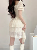 Sexy Sweet Lace A-Line Dress See Through Slim Square Collar Puff Sleeve Mini Dresses For Women 2022 Summer Fashion