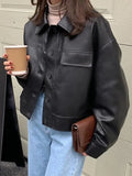 Vintage Lapel Neck Pocket Loose Short Leather Jacket- Outfit