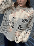 Cross Pattern Crochet Hollow Long Sleeve Knit Top-Outfit