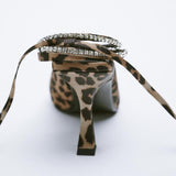ZAR 2022 Summer Leopard Pumps for Women Fashion Ponited Toe Rhinestone Interchangeable Strap Party Heels Feminine Vintage