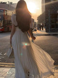 Summer Solid Pleats Long Dresses French Elegant V Neck Holiday Party Vestidos Women High Waist Wedding Robe Ladies
