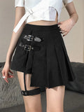 SUCHCUTE Gothic Leg Loop Patchwork Short Skirt Women Pleated Mini Skirts Streetwear Solid Black A-Line Skirts Dark Academia