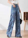 Elegant Jeans For Women High Waist Lace Patchwork Pantalones Hollow Out Denim Trousers Casual Loose All Match Pants