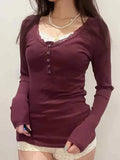 Red Knit Top with Lace Trim and Long