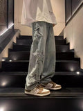 Street Jeans Men's Star Embroidery Design Straight Trousers Chao Brand Ins Loose Wide-Leg