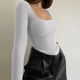 Zingj Women's Sexy Slim U Collar Pit Long-Sleeved T-Shirt Autumn Hot Style Simple Versatile