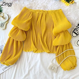 Off Shoulder Pleated Shirts Women Korean Sweet Fluffy Big Puff Sleeve Tops Elegant Vintage Solid Backless Chiffon