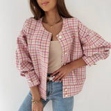 Spring Women Buttons Cardigan coat Elegant casual Short Jacket Casual o neck Long Sleeve coat office Lady plaid print