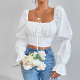 Zingj And Summer Women Pure White Long Sleeve Front Chest With Open Back Sexy Waist Shirt