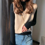Women Solid Knitted V-neck All-match Trendy Korean Style Sleeveless Loose Simple Womens Coats Outwear Spring Ulzzang