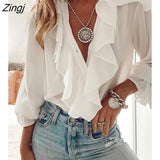 Women Fashion Elegant White Ruffles Casual V Neck Blouse Shirts Solid Buttoned Ruffles Button Design Long Sleeve