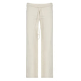 Zingj Style Design Sense Turned Waist Solid Color Knit Pants Women's Low Waist White Loose Straight Tube Casual