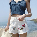 Waisted Micro Shorts Womens Plus Size 4XL 5XL Summer Jeans White Short Woman Kawaii Denim Hole Shorts Embroidery