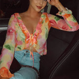 2021 V Neck Print Long Sleeve Crop Top Women Ruffles Summer Spring Casual Bandage Beach Sexy T
