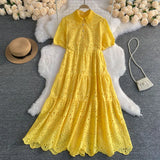 Zingj Version Dress Summer Lapel Hollowed-Out Embroidery Aging Bubble Sleeve Loose Medium And Long Bohemian Holiday