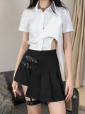 SUCHCUTE Gothic Leg Loop Patchwork Short Skirt Women Pleated Mini Skirts Streetwear Solid Black A-Line Skirts Dark Academia