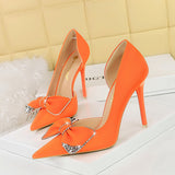 Zingj Korean Version Of Fashion High Heels With Super High Heel Shallow Mouth Tip Side Hollow Water Diamond Bow Single