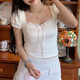 Fresh Romantic Pure Color Square Collar Bubble Sleeve Girl T-Shirt Ins Trend Slim Casual Blouse New