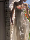 Flower Bohemian Beach Long Dresses Summer Chic Spaghetti Straps Princess Fairy Vestidos Women Elegant Mesh Party