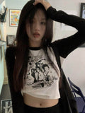 Black And White Stitching Contrast Color Cotton Printed Short Top Tight-Fitting Long-Sleeved T-shirt Women Grunge