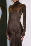 Color Wrap Ruched High Neck Long Sleeve Maxi
