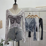 Shot Micro-Permeable Mesh Butterfly Print Splicing Lace Hanging Neck Horn Long-Sleeved T-Shirt Repair Short Top