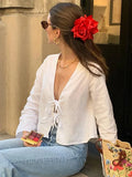 Fashion Solid Lace Up Loose T Shirt Women Elegant V Neck Long Flare Sleeve Tops Spring Female Commute Street Chic