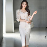 Women Elegant Fashion Party Dress Office Lady Korean Style Square Collar Bodycon Pencil Vestidos Femme