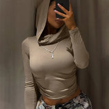 Zingj Waste Earth Wind Hooded Pile Collar Pleated T-Shirt Female Slim Long Sleeve Crop Button Solid Color Base